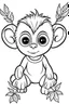 Placeholder: cute coloring page, sketch style, cute baby monkey in the jungle, cute cartoon, white and black, withe background, no shadows, outline.