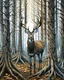 Placeholder: deer with antlers standing looking at viewer, patronus, among tall tree trunks