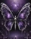 Placeholder: A dark goth black-purple butterfly with translucent wings encrusted with silver glitter, silver, surreal, strong expression, springs from an big glass flower, background mistic fog, crystasl , etheral, fantasy, stunning illustration