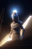 Placeholder: portrait of mummy robot walking down stairs, stars shining, Egyptians with the hair standing straight up in front of pyramid of Babel. 4 k, down light, depth of field, trending art, spray paint, high detail, fantasy art, alien connection, future tech