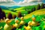 Placeholder: hills with duck dolls in summer. like oil painting