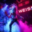 Placeholder: An "white wonder" performing at dance club, his name is "white" and looks crazy, and white stains spraying on stage, Neon lights and smog, "WEISE" SIGN ON WALL