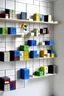 Placeholder: Miniature Tetris-shaped wall shelves with a mix of porcelain.