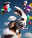 Placeholder: Ultra realistic speed clouds sky scene, wide angle view, child falling down with many Children background, rabbit head, inflatable monsters, circus dress style, feather color, free jumping flying, many trinkets, hair monster, many jelly beans, balls, color smoke, smile, happy, extreme, wind, clouds sea, 20,000 feet altitude, stratosphere, soft color, highly detailed, unreal engine 5, ray tracing, RTX, lumen lighting, ultra detail, volumetric lighting, 3d, finely drawn, high definition.