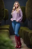 Placeholder: beautiful 18 year old girl with ash blonde hair and blue eyes with her curvy hair down, wearing a long-sleeved woollen top, and lilac long leggings, with long red boots full body shot