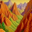 Placeholder: Tan mountains with a canyon designed in Navajo woven art painted by Georges Seurat