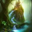 Placeholder: elf in winding magical forest with waterfall and a creature