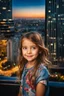 Placeholder: Little 6 years old beautiful girl perfect face,1girl wearing a pretty shirt and jean pant, standing pose,modern city ,night view
