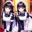 Placeholder: girl, masterpiece, best quality, volumetric lighting, detailed outfit, perfect eyes, black hair, long hair, red eyes, loli, maid, twins, leaning forward, smiling, indoors,