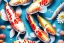 Placeholder: colorful koi carp collage illustration pattern, tiny, small, miniature, short, cute and adorable, digital painting, highly detailed, intricate, elegant, artstation, concept art, colorful, beautiful, studio ghibli, aoshima chiho, takashi murakami, manga, cute and adorable