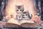 Placeholder: cute chibi cat mother reads a fairytale book to his baby kitten in a bed, flower tapestry, in a bedroom in candlelight, S<AI, watercolor and black ink outlines, soft, shading strokes, light pastel colors, ethereal, cinematic postprocessing, bokeh, dof