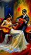 Placeholder: The flamenco dancer in white dress oil painting with acoustic guitar player in the back