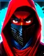 Placeholder: Draw an illustration with a red and black hood and a dragón mask over they eyes