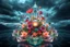 Placeholder: Dynamic complex hypnotic island of 3D structures Symmetry twisting and morphing between cifi plants ,flowers and metal geometric forms , smooth translucent iridescent glass with inner glow and bubbles, varied transparent materials, stormy skies, intense dramatic