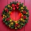 Placeholder: Beautiful Decorated Christmas Wreath with Fairy Lights On It With Red And Maroon Grunge Background.