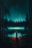 Placeholder: a dark forest with a lake in the middle, a glowing ghost of a woman standing by the lake. Hard shadows, comic book style, Frank Miller, acrylic on canvas, in the style of large-scale paintings, bold block prints, sublime wilderness, illustration, bold color field, realistic oil painting