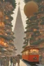 Placeholder: Hiroshi Yoshida, A E Marty, Olivier Ledroit, Surreal, mysterious, bizarre, fantastical, fantasy, Sci-fi, Japanese anime, Christmas tree planet, gigantic Christmas tree pierces through atmosphere, Humanity builds cities on the trunks and branches of tree, travels in small flying boats, transports them from city to city on a single-seater aerial motorcycle. beautiful girl in a miniskirt with a perfect body. Thin mechanical body suit. Short black hair. Boyish. Dynamic. Hyper Detailed masterpiece