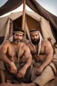 Placeholder: portrait photography of two serious ugly brawn 35-year-old burly beefy bullneck arabs tourist guides wearing traditional clothes, shirtless, big shoulders, hairy chest, manly chest, with very bushy eyebrows, photorealistic, sunlight, ambient occlusion, strong side light , inside a camping tent in the desert