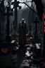 Placeholder: woman in a londress on the graveyard blood dripping crosses cinematic dramatic hd hig hlights detailled real wide and depth atmosphere
