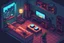 Placeholder: isometric, video game, cyberpunk, living room, computer, comic book art style, night time,