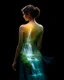 Placeholder: Digital art | Woman with a landscape painted on her back | Deep black background | Full-body portrait, graceful pose | Ethereal, glowing lighting | cascading waterfall; lush greenery; dreamlike harmon