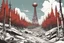 Placeholder: day, white and red radio tower, background, comic book, forest, post-apocalypse