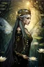 Placeholder: Blonde gold hair , dark gold ,dark Fairy wings,long hair,water lilies,dark fairy princess,nymph,elven crown,dragonflies,tiara,,gothic,glitter,rapunzel hair, very long hair, sparkle,night,