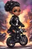 Placeholder: Create a urban art illustration of a chibi cartoon full figure black female riding a sports motorcycle. She is wearing tie dye and black tights with biker boots. Prominent make up with log lashes and hazel eyes. Extremely highly detailed black shiny wavy hair up in a messy bun. Background of smoke surrounding her and the bike and she's at a bike show.