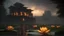 Placeholder: Realistic & Cinematic far away Shot of an Image of a glowing lotus with petals made up of soft saffron colour feathers on a clean very slightly rippling water with water shining , thunderstorm like weather lots of cloud in slight dark , water in a beautiful pond covered with grass from sides , ancient design indian castle in background giving slight bokeh effect to castle , cinematic studio lights ,Unreal Engine , 4K , UHD , White Balance Should be - 6