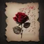 Placeholder: Hyper realistic sketch of a small red rose & musical notes on a vintage paper on side with dark background