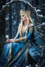 Placeholder: Elven princess,elven crown,long white blonde golden hair,rapunzel hair,ice flowers,beautiful,light blue,dark blue,golden armor,sparkle,glitter,ice flowers,snow,elven ears,dark fairy princess