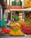 Placeholder: a greengrocer in colorful palma de mallorca street, salvador dali ,