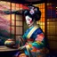 Placeholder: Generate an image of a beautiful geisha wearing a colorful kimono in a tea house