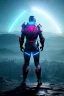 Placeholder: neon blue, floating triangle of light orbiting behind the back, cyber armor, geometric patterns on armor, male, orbiting triangle