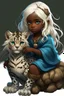 Placeholder: A cute eight-year-old sorceress, with dark skin, straight snow-white hair tied in a braid, with blue eyes, wearing a blue sorcerer gown, riding on the back of a giant furry leopard cat.