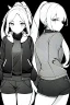 Placeholder: blonde girl with ponytails dressed in a jacket and shorts walks briskly, front view, greyscale