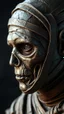 Placeholder: a side view of the mummy by his face skin is a rusted broken metallic skin texture in a 3d rendering full-height image of a grim and dark scene. Ensure the final images exhibit the utmost quality, encompassing 4K, 8K, and 64K resolutions, with 3D rendering that manifests in photorealistic, hyperrealistic, and highly detailed representations. Employ techniques such as HDR, UHD,