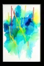 Placeholder: an abstract painting featuring a blend of flowing watercolour colors. Dominant shades of blue, green, and red create intriguing patterns across the canvas. Streaks of yellow intersect, forming geometric shapes. The painting is framed in a simple black frame. Its abstract nature invites various interpretations.