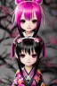 Placeholder: Cute anime Kunoichi girl, electric pink hair buns, pink bangs, detailed black designer kimono, Japanese yakuza full body tattoos, intricate details, full body portrait, pink ribbons, slight smile, black constellation motif, windy, concept art, mini tornado stickers, black fishnet wear, highly detailed, digital painting, artstation, concept art, sharp focus, illustration, art by WLOP and greg rutkowski and alphonse mucha and artgerm and yanjun Chen and Junji ito