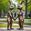 Placeholder: Hyperreal sculpture by John De Andrea, long Metal rabbit holding hands with a human girl sculpture in a city park, by Tom Otterness, sculpture art, subdued, quirky cute hyperreal characters, natural lighting, hyperrealism
