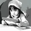 Placeholder: a little girl sitting on the floor holding a tablet, wearing a head scarf, white bangs, document photo, photo still of, paint, wet drapery, unmasked, diary on her hand, 5 years old, focus close on mischievous eyes, hand - drawn animation, with long black hair, portrait of dangerous