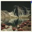 Placeholder: Sublime foto close-up polaroid ad alta definizione di una montagna rocciosa, un lago, surreale, colors, cityscape scifi, collage art, dadaism, sublime, splimapys nero, cielo nero, acqua nera riflette un sole nero, macabre piante circondano il lago, alghe, hypermaximalist, Max Ernst style, strangeness, intricate, hypnotic, obsessive, Yves Tanguy, 8k, deep 3d field, very accentuated details of the rocks and sht frn, eerie, artistic photo, shot on Hasselblad, large format film, medium format film