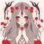 Placeholder: a beautiful demon girl, her dress is embroidered with red flowers and ornaments, she has long hair and dark eyes and horns