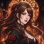 Placeholder: A young woman with pale skin and long brown hair in a fantasy tavern setting with intricate details. She is smirking, a tavern wench pouring a glass of whiskey, has intense red eyes, intimidating presence. High definition.