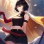 Placeholder: Clear focus,High resolution, Black short fluffy hair, and yellow eyes, wearing a black short skirt, sleeveless crop top, wearing long dark red gloves, yellow cloak