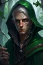 Placeholder: Portrait of male rogue elf, hooded Mauve hair, bright green eyes, disheveled, smoking cigarette, bow and arrow, black leather clothes, hiding, trees