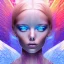 Placeholder: Face Angel crystalline,blond hair, blue eye ,pink , cosmic, opalescent, gemstones, crystals, other worldly,water,bright, ice background, snow lake blue