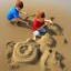 Placeholder: spirit of a child playing with a castle of sand at the beach near the fossil of a starfish