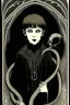 Placeholder: 7 year old boy, necromancer, friendly, looks dead,with a lamprey serpent , wearing black robes, in the style of Harry Clarke