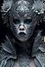 Placeholder: Beautiful faced young faced voidcore shamanism winter queen girl wearing silver goth punk metallic filigree floral face masque, ribbed with bioluminescense azurit stone adorned with winter vidcoreshamanis silver metallic diadem headress, wearing biomechanical amalgamation style leather jacket dress ribbed with silver floral metallic filigree biomechanical vantablack pattern, organic bio spinal ribbed detail of gothic winter snowy backround extremely detailed maximalist hyperrealistic portrai